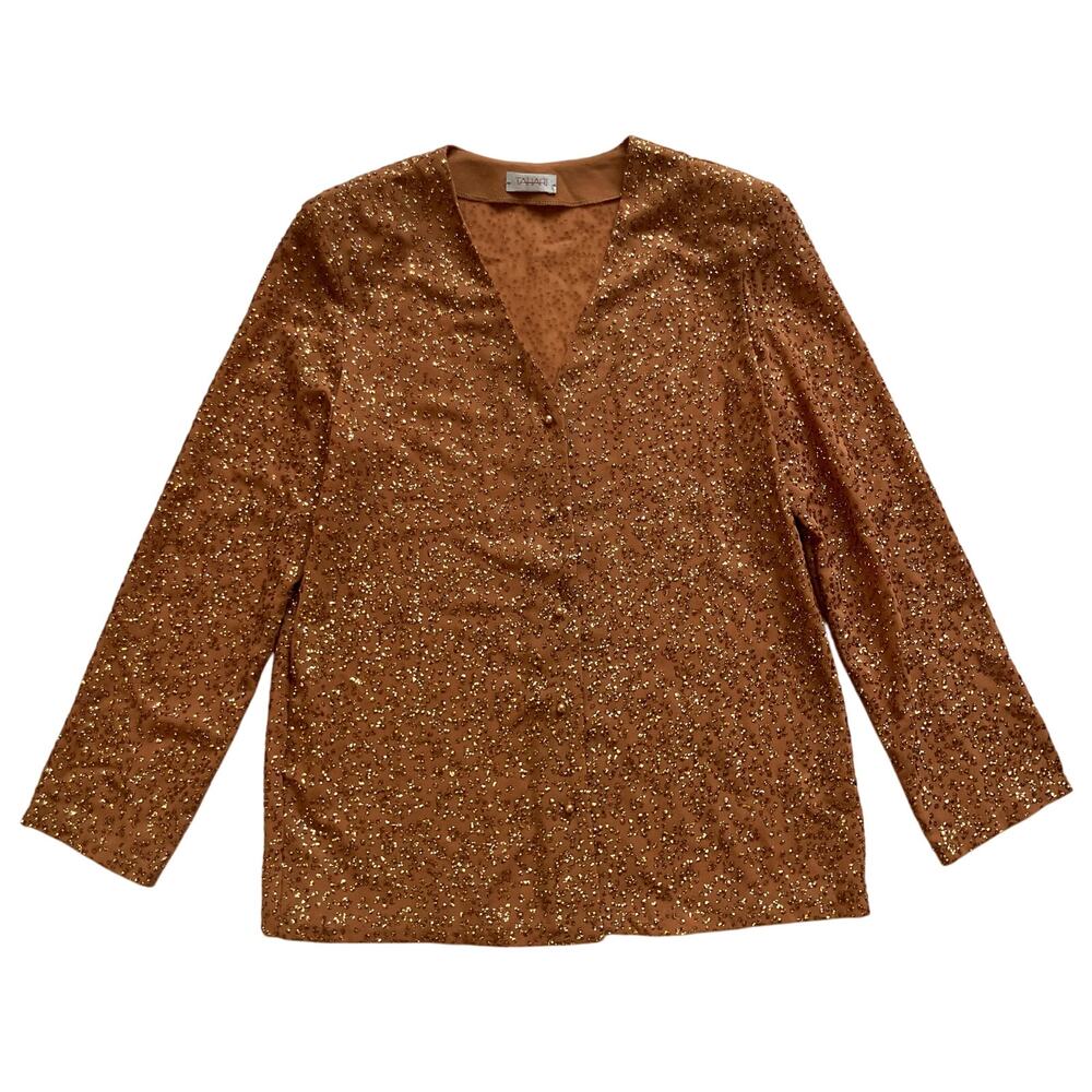 Vintage Elie Tahari Sequin V-Neck Blouse Size 6 Gold Glam 90s